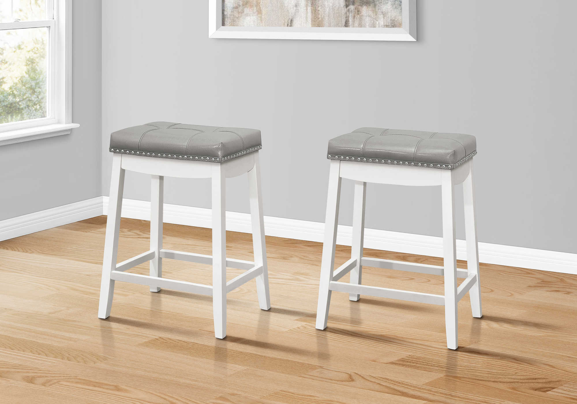 BARSTOOL - 2PCS / 24"H / GREY LEATHER-LOOK / WHITE 