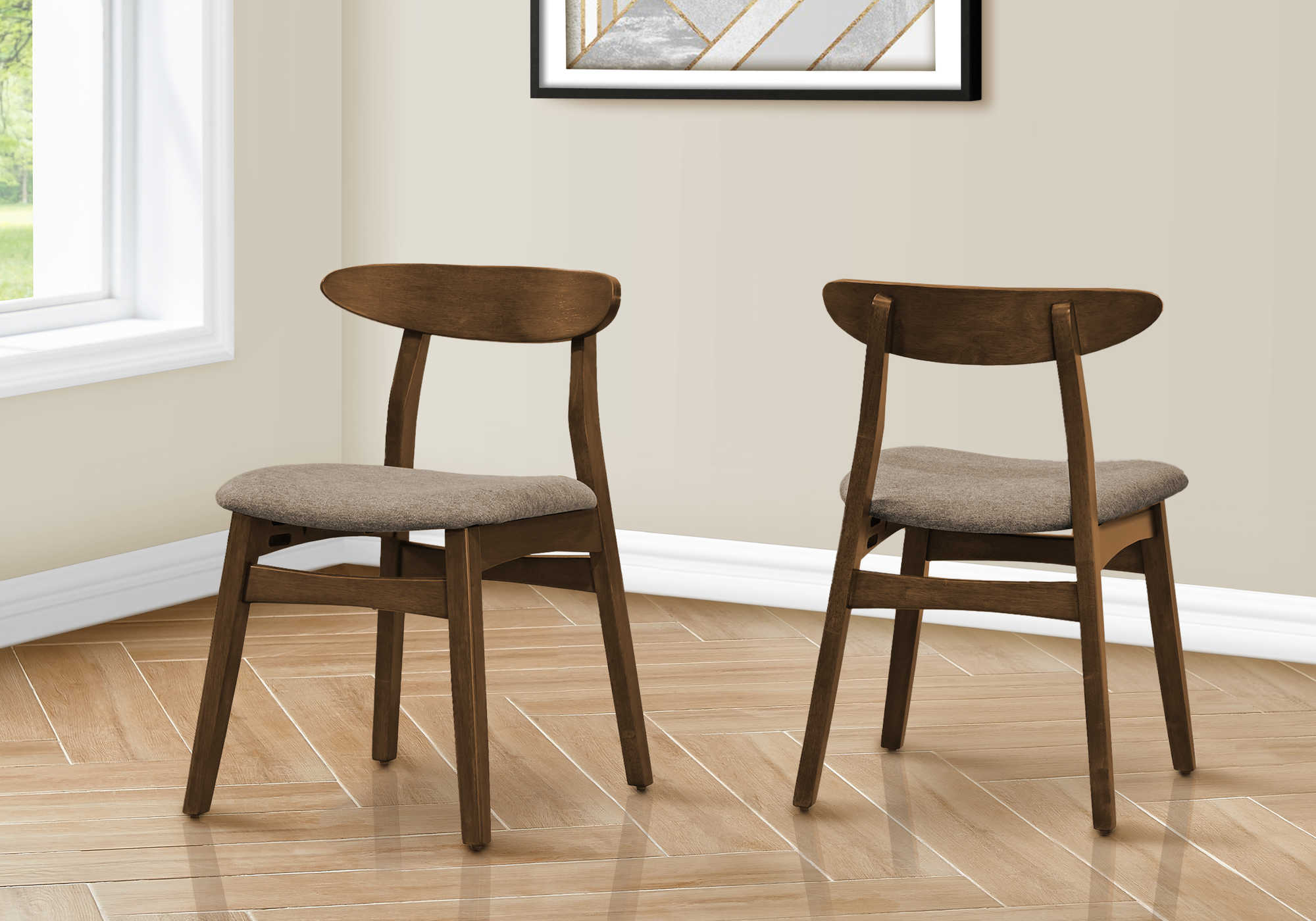 DINING CHAIR - 2PCS / 32"H BROWN WALNUT / BEIGE FABRIC