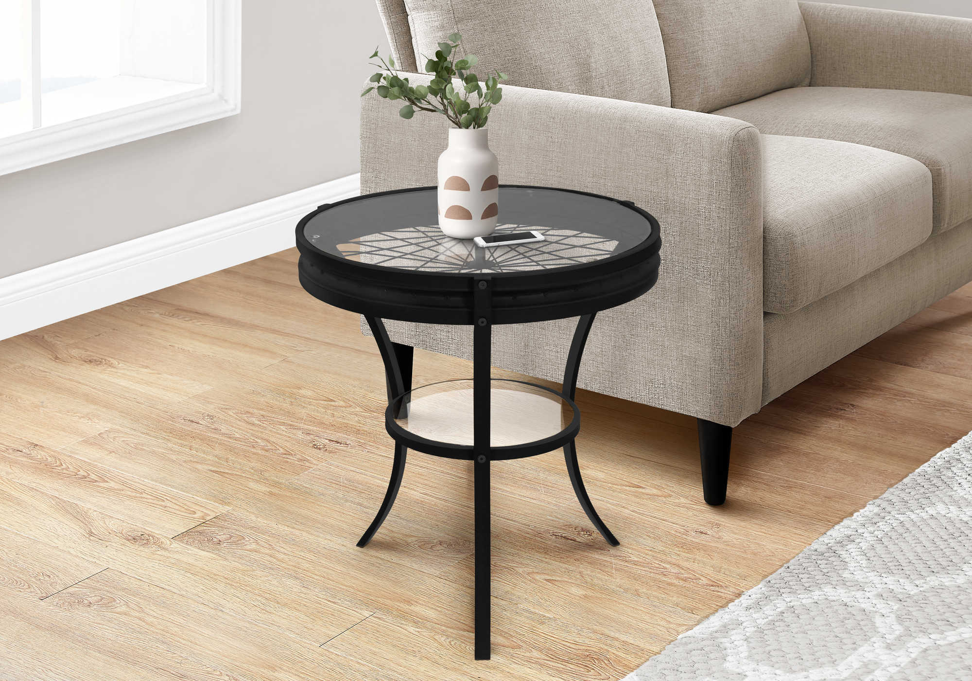 ACCENT TABLE - 22"DIA / BLACK WITH TEMPERED GLASS