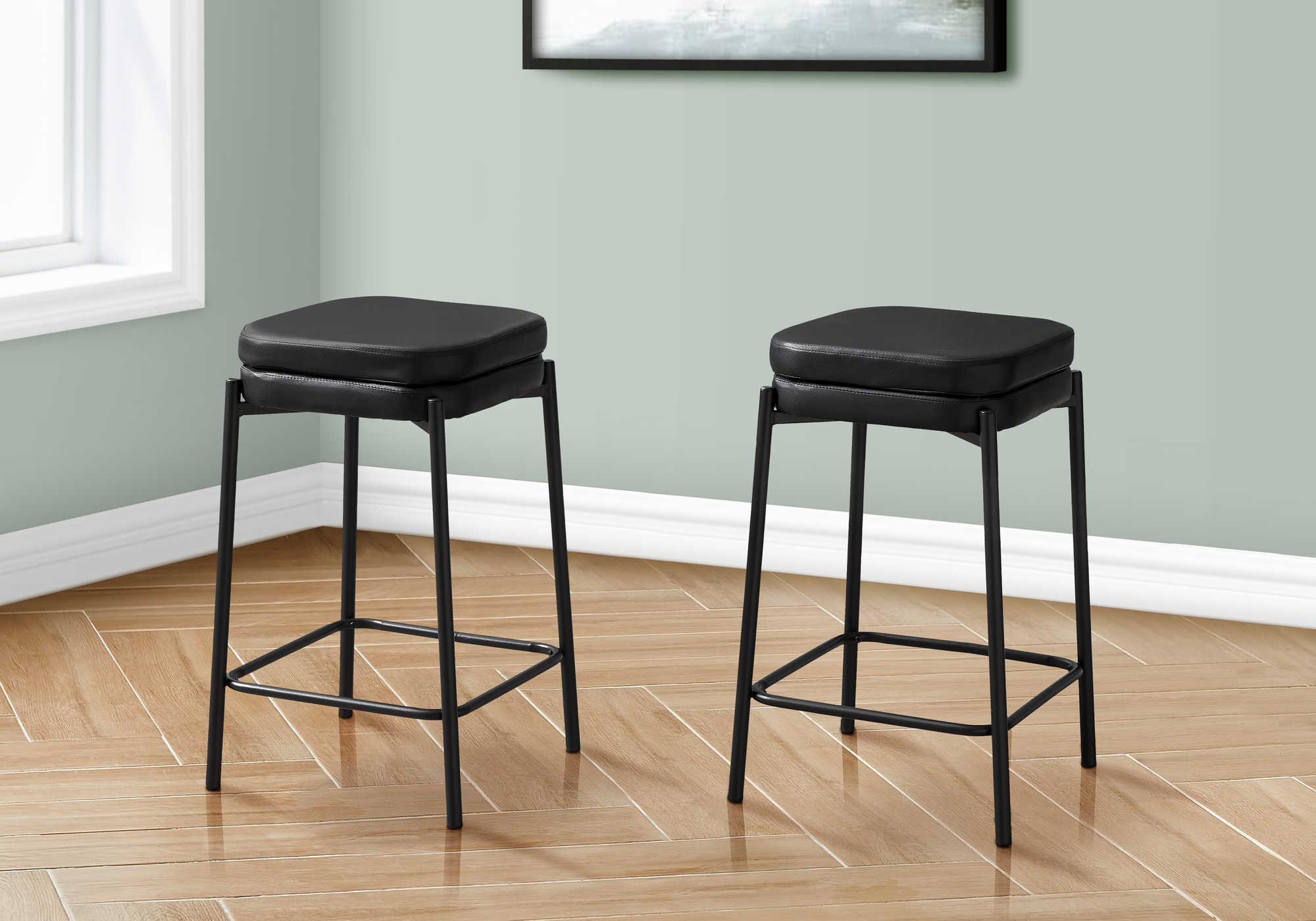 BARSTOOL - 2PCS / BLACK PU / BLACK METAL COUNTER HEIGHT