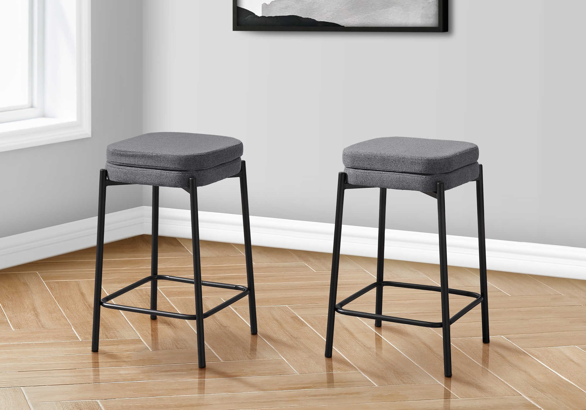 BARSTOOL - 2PCS / GREY FABRIC/ BLACK METAL COUNTER HEIGHT