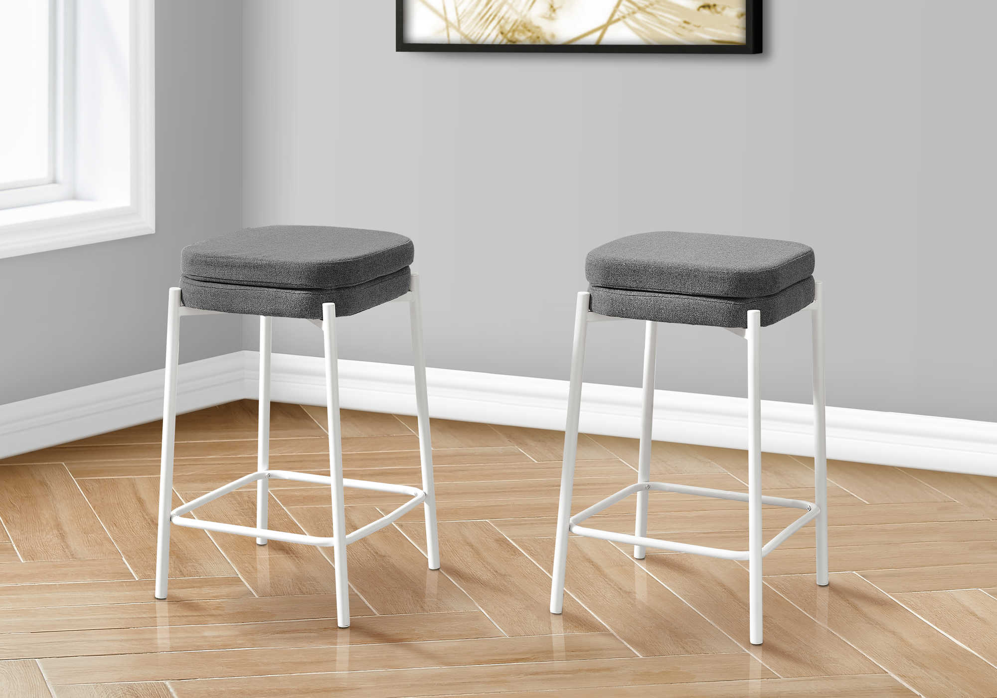 BARSTOOL - 2PCS / GREY FABRIC/ WHITE METAL COUNTER HEIGHT