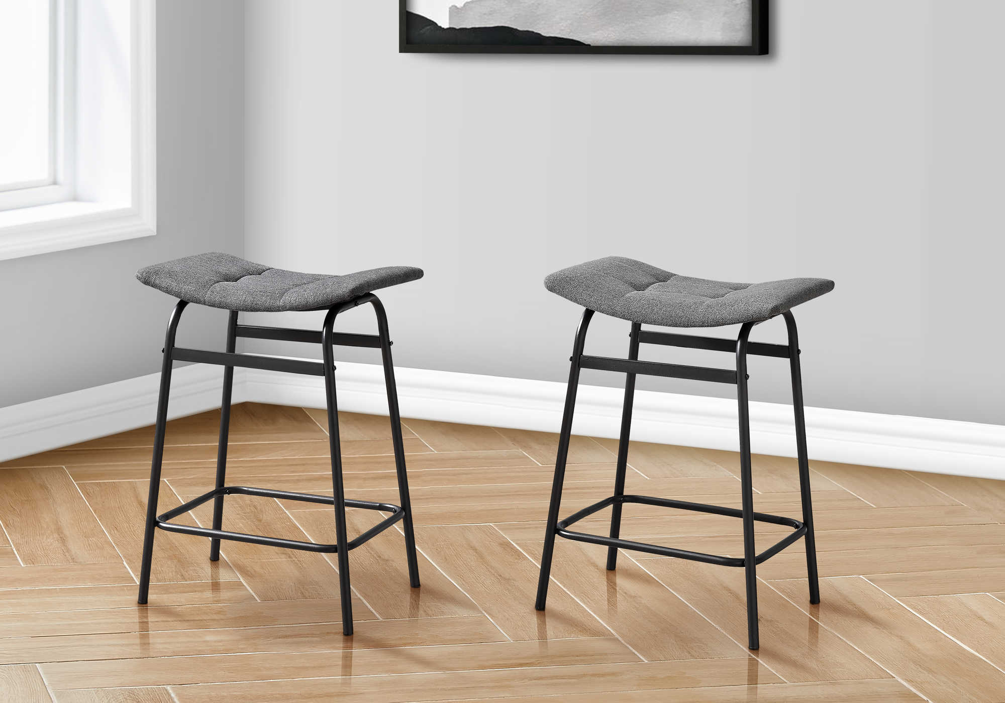 BARSTOOL - 2PCS / GREY FABRIC/ BLACK METAL COUNTER HEIGHT