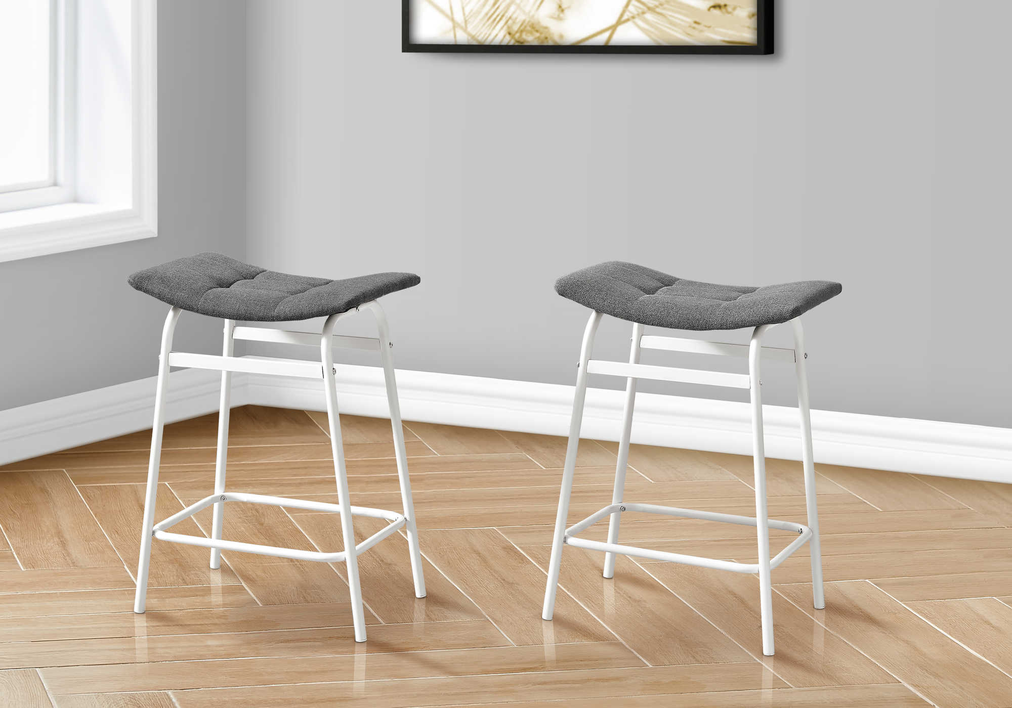 BARSTOOL - 2PCS / GREY FABRIC/ WHITE METAL COUNTER HEIGHT