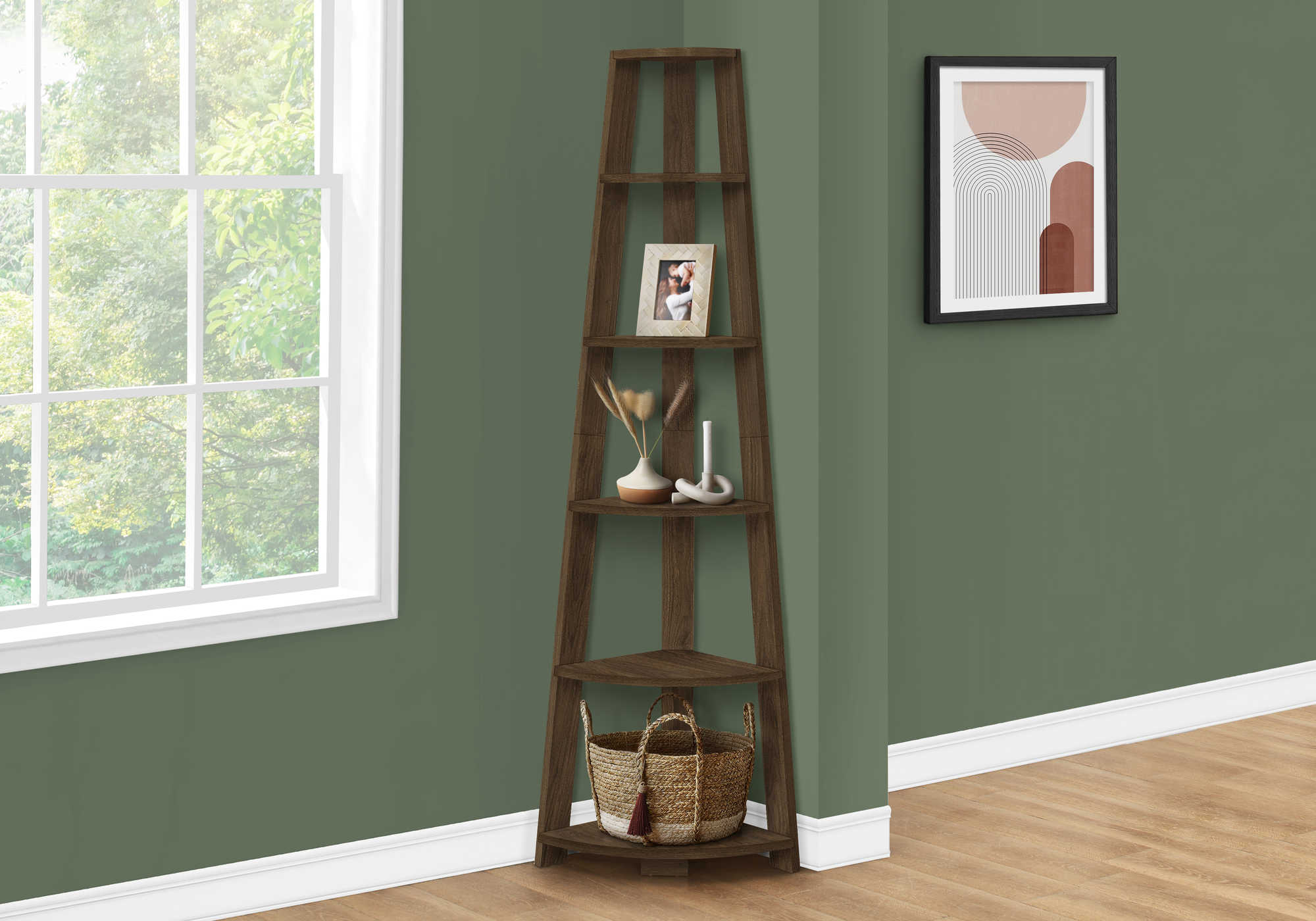 BOOKCASE - 72""H / DARK WALNUT CORNER ACCENT ETAGERE