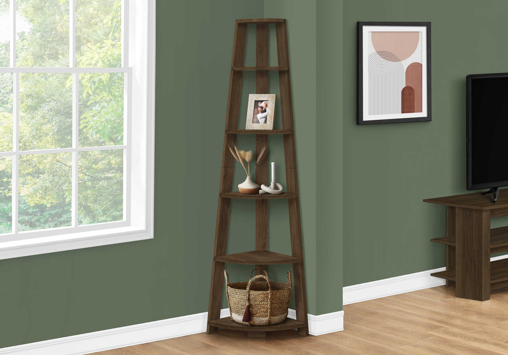 BOOKCASE - 72""H / DARK WALNUT CORNER ACCENT ETAGERE