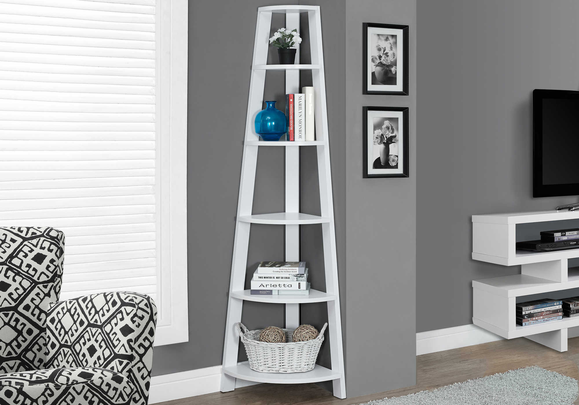 BOOKCASE - 72"H / WHITE CORNER ACCENT ETAGERE