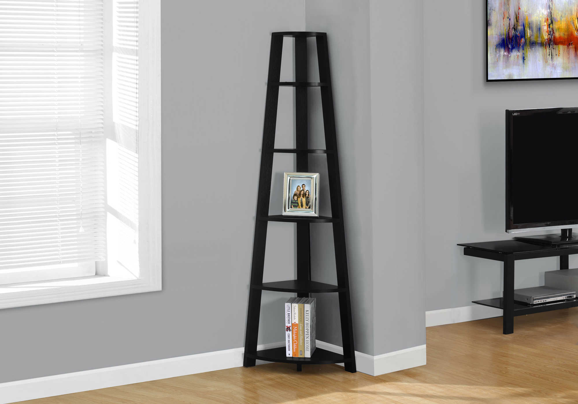 BOOKCASE - 72"H / BLACK CORNER ACCENT ETAGERE