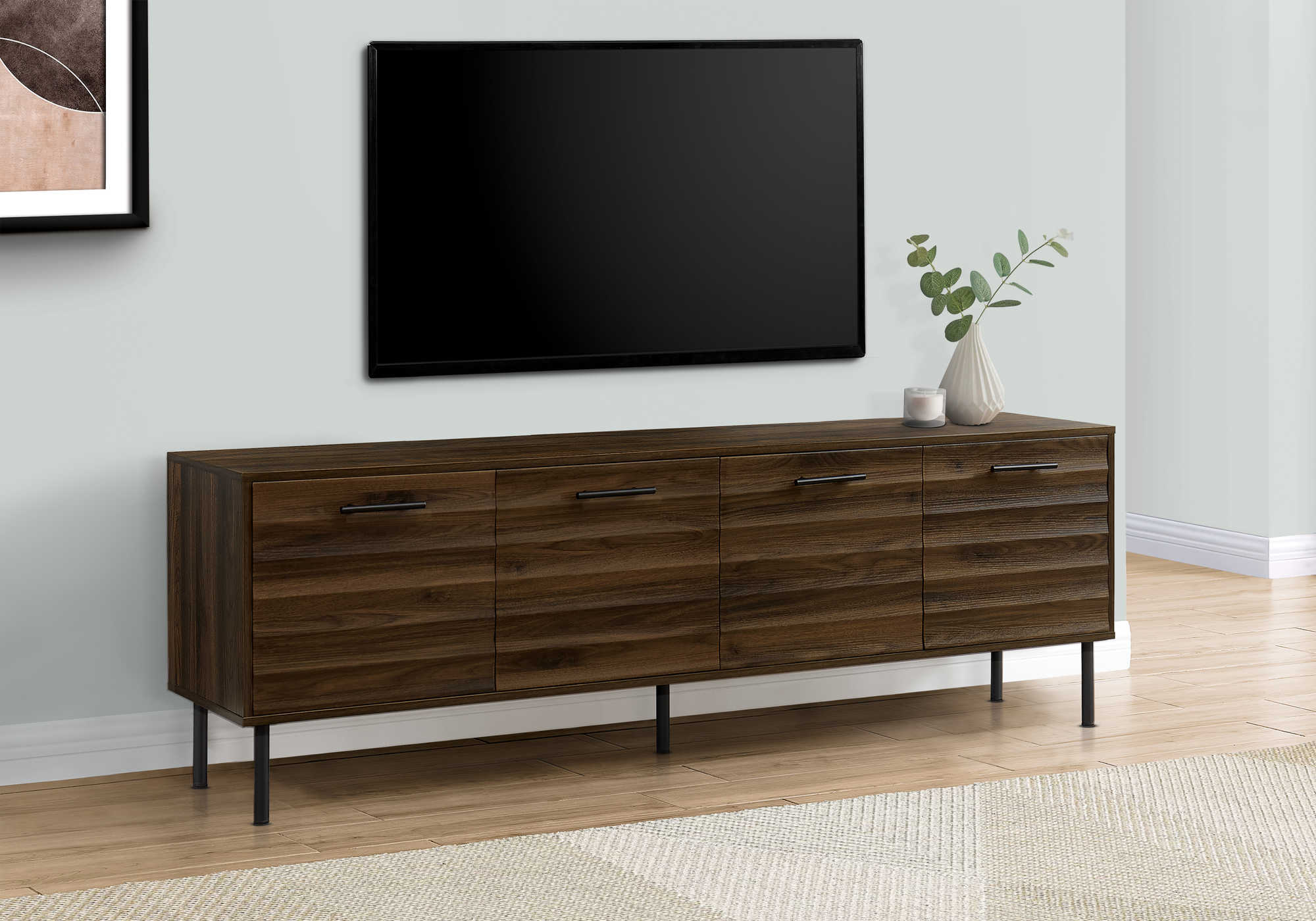 TV STAND - 72"L / DARK BROWN WOOD-LOOK WITH 4 DOORS