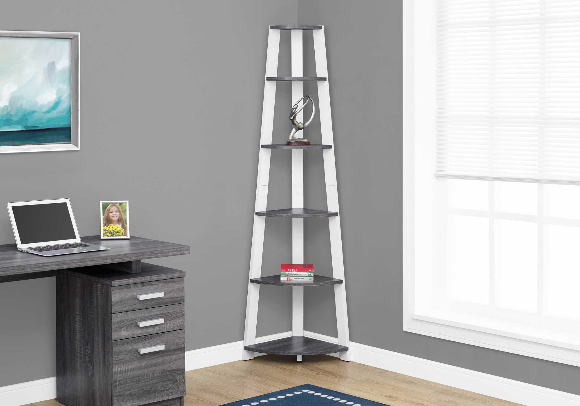 BOOKCASE - 72"H / GREY-WHITE CORNER ACCENT ETAGERE