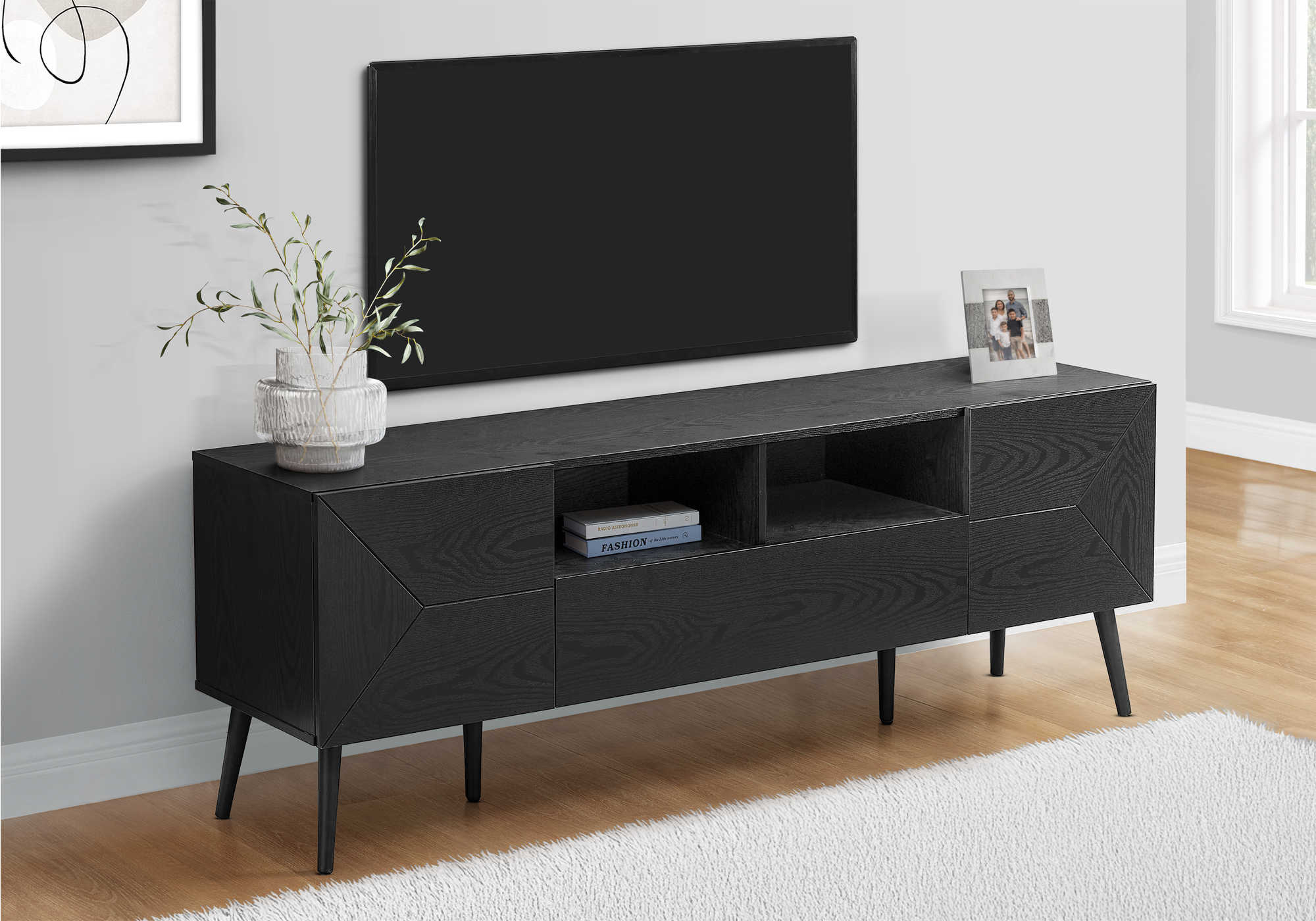 TV STAND - 72"L / BLACK WOOD-LOOK WITH STORAGE