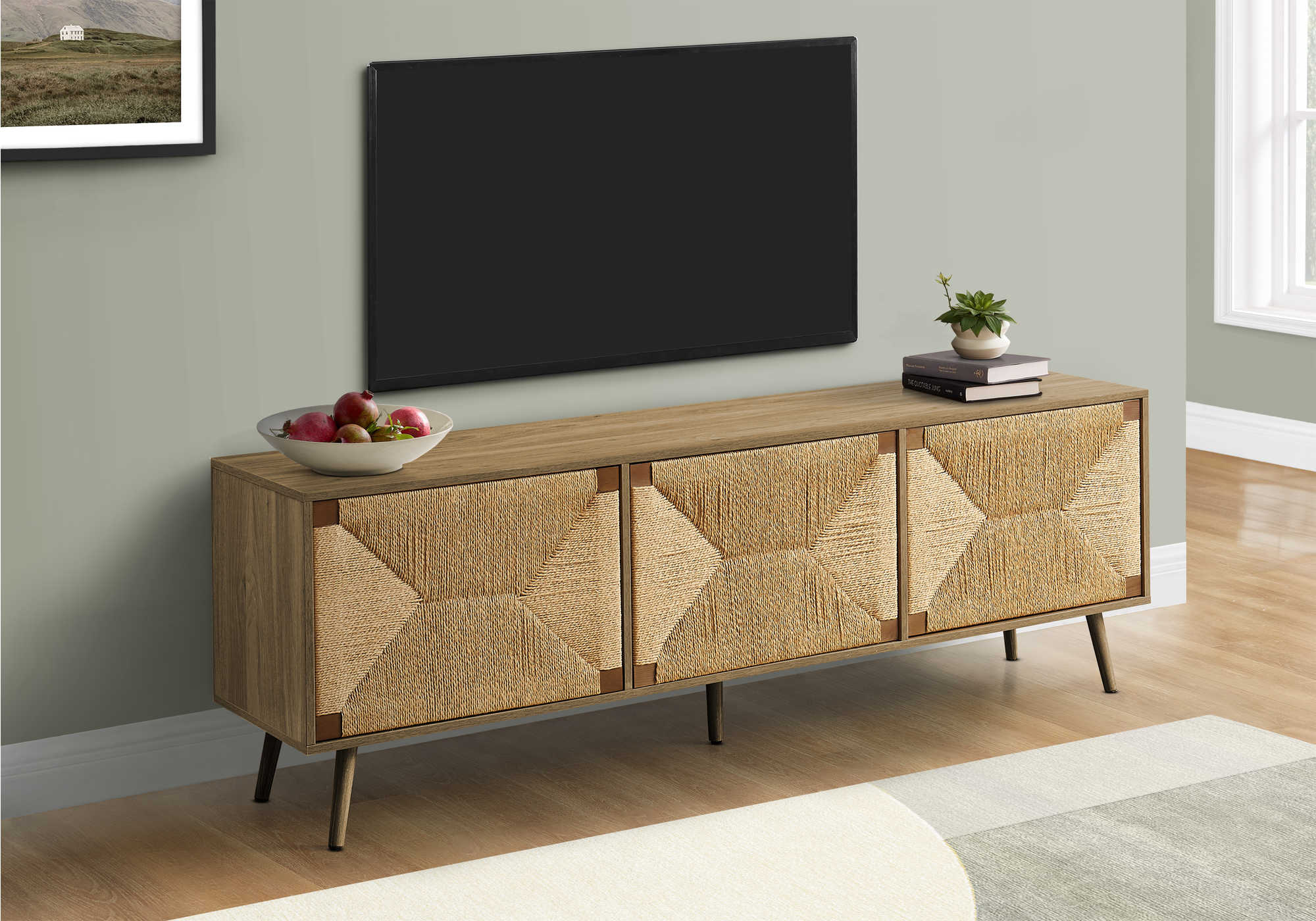 TV STAND - 72"L / LIGHT WALNUT / SEAGRASS WITH 3 DOORS