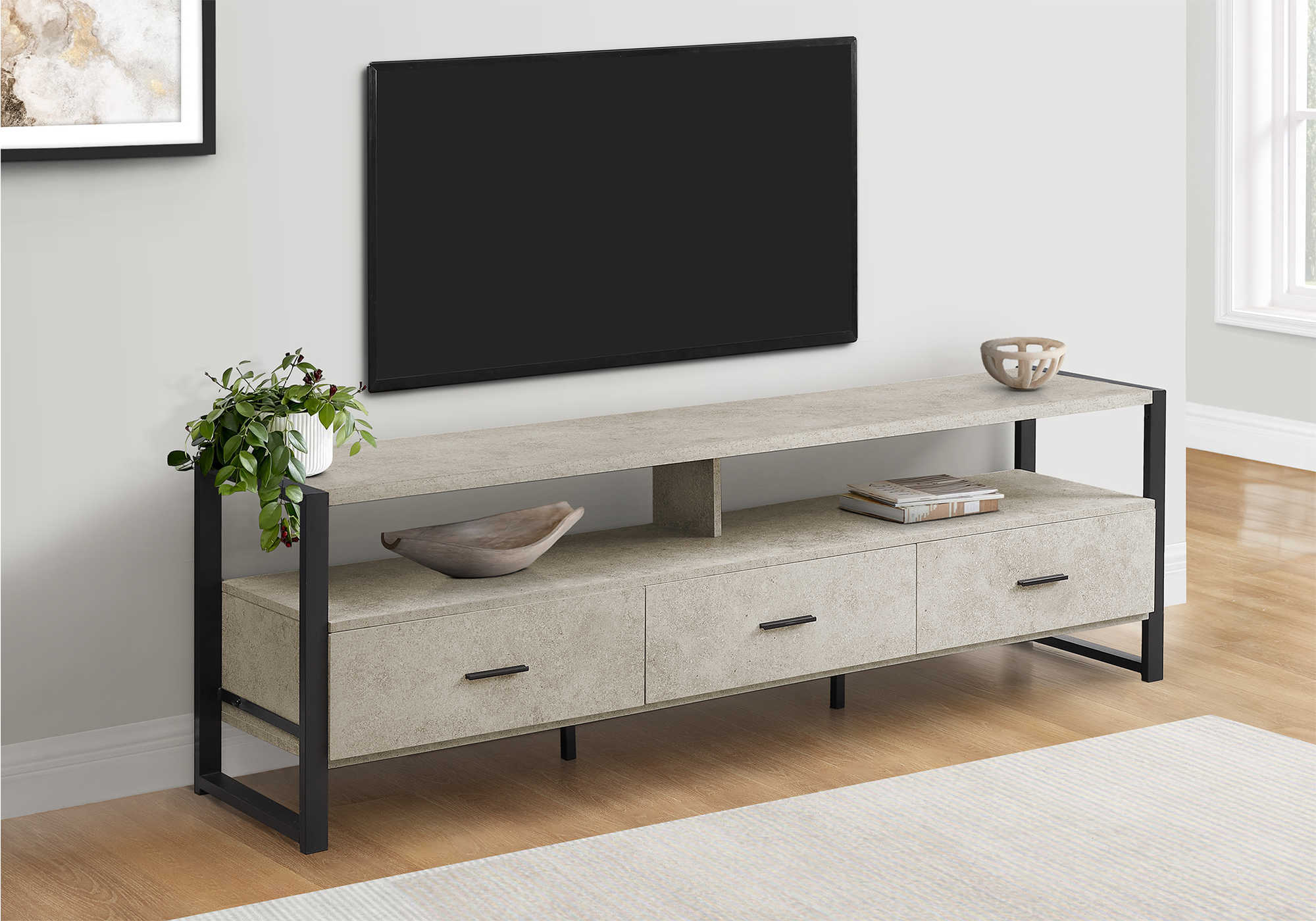 TV STAND - 72"L / CREAM STONE / BLACK METAL