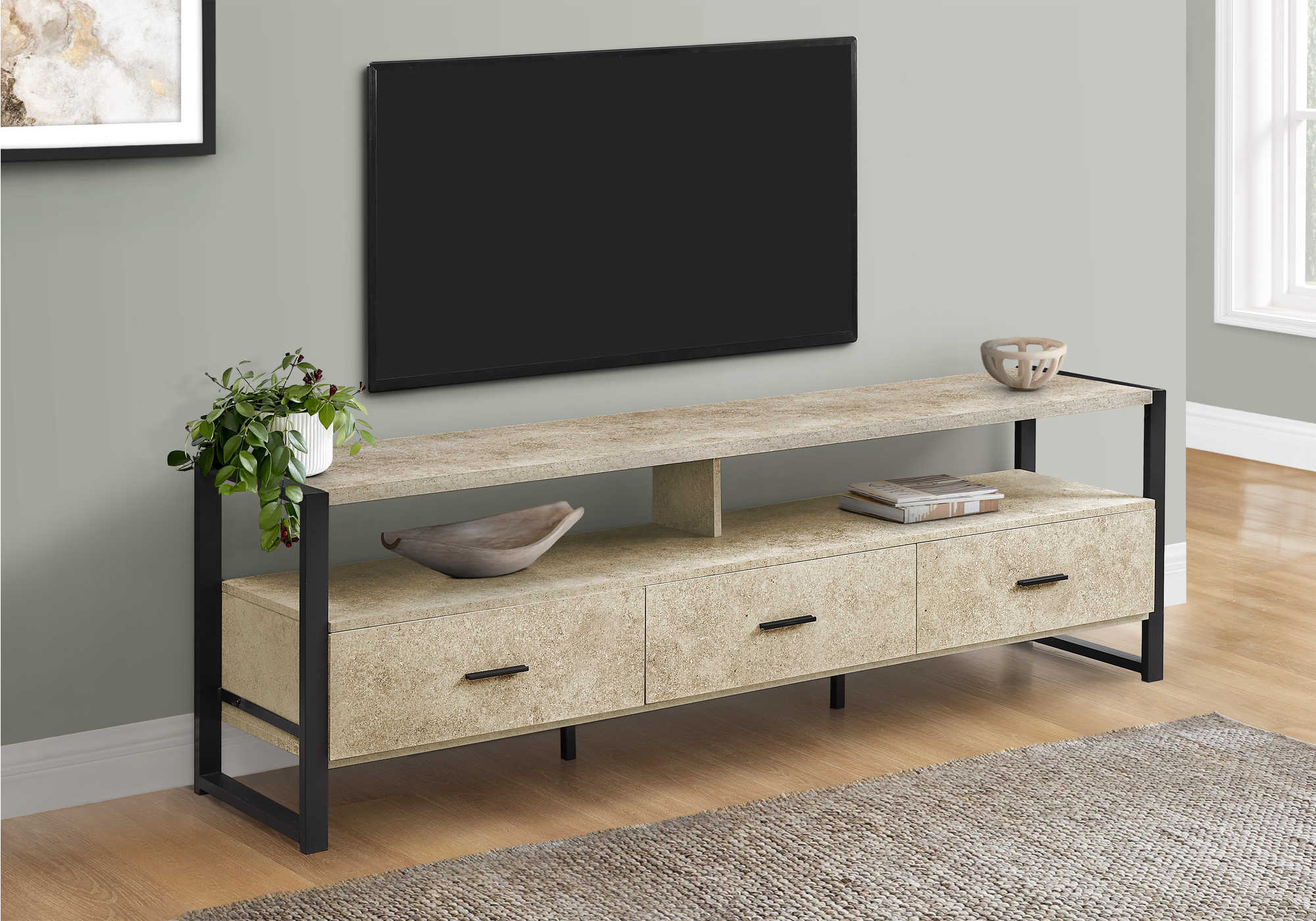 TV STAND - 72"L / CREAM STONE / BLACK METAL