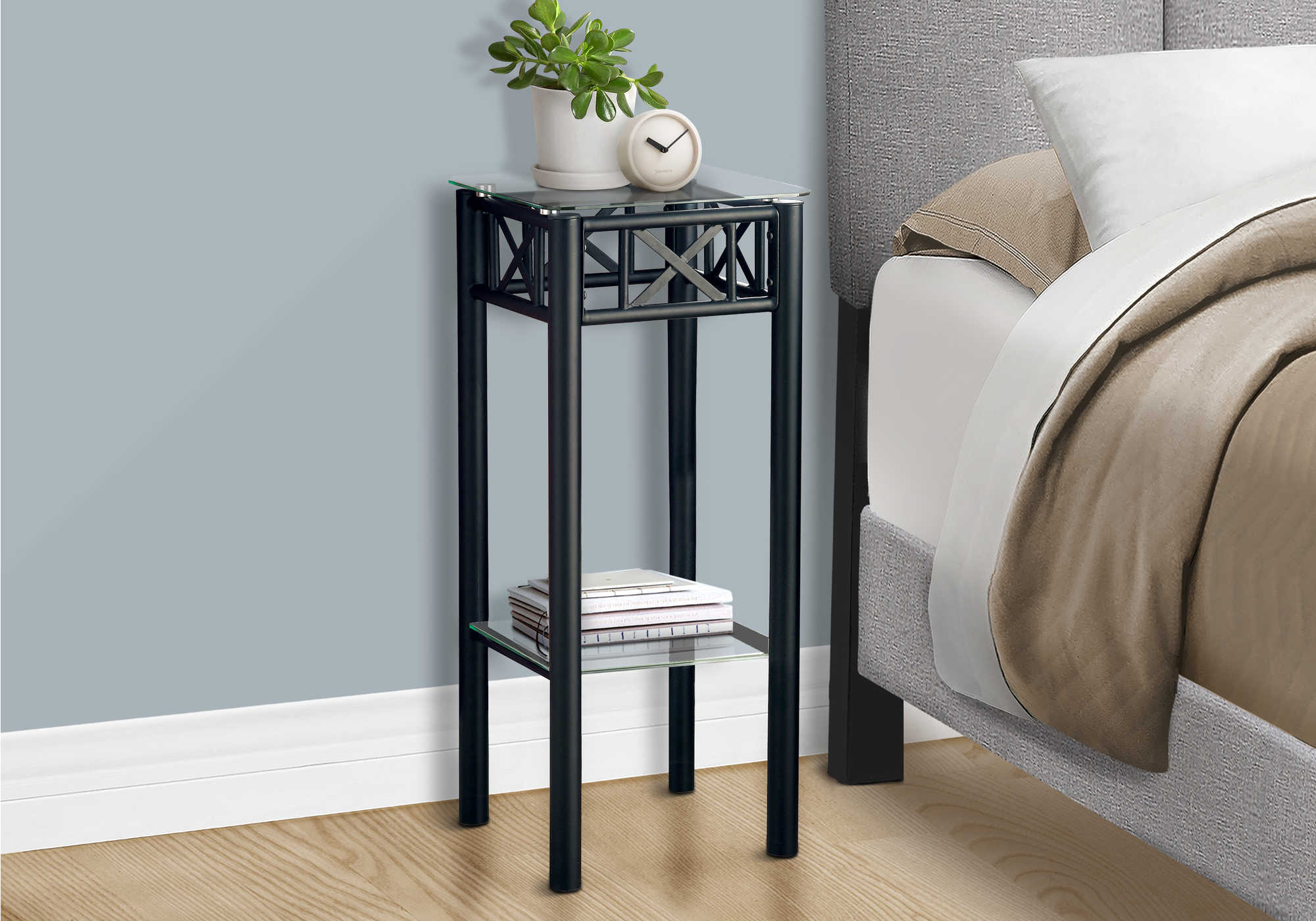 NIGHTSTAND - BLACK METAL WITH TEMPERED GLASS 
