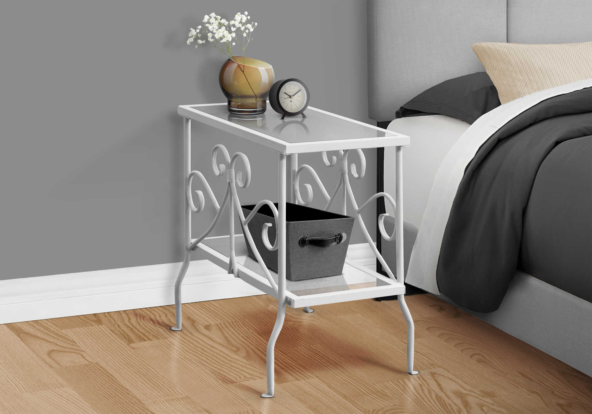NIGHTSTAND - WHITE METAL WITH TEMPERED GLASS