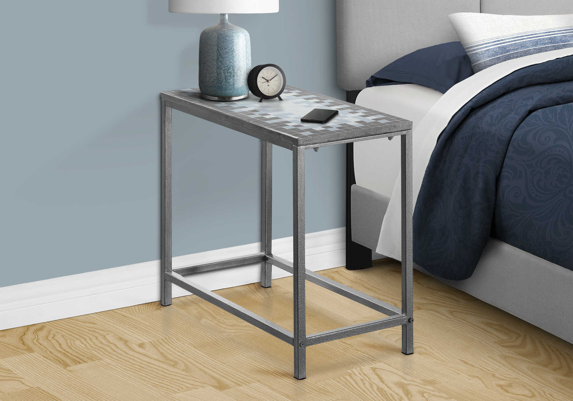 NIGHTSTAND - GREY / BLUE TILE TOP / HAMMERED SILVER 