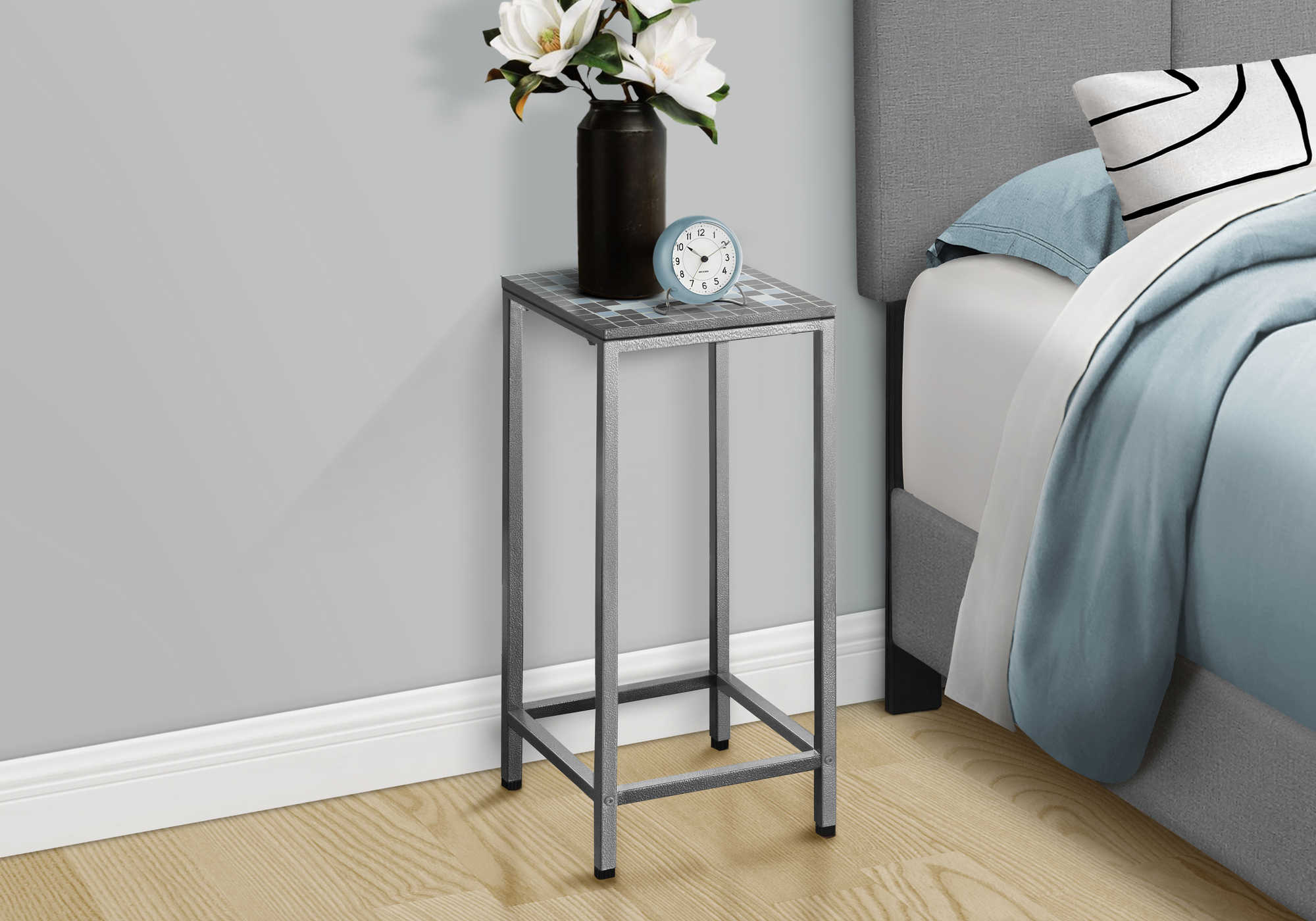 NIGHTSTAND - GREY / BLUE TILE TOP / HAMMERED SILVER