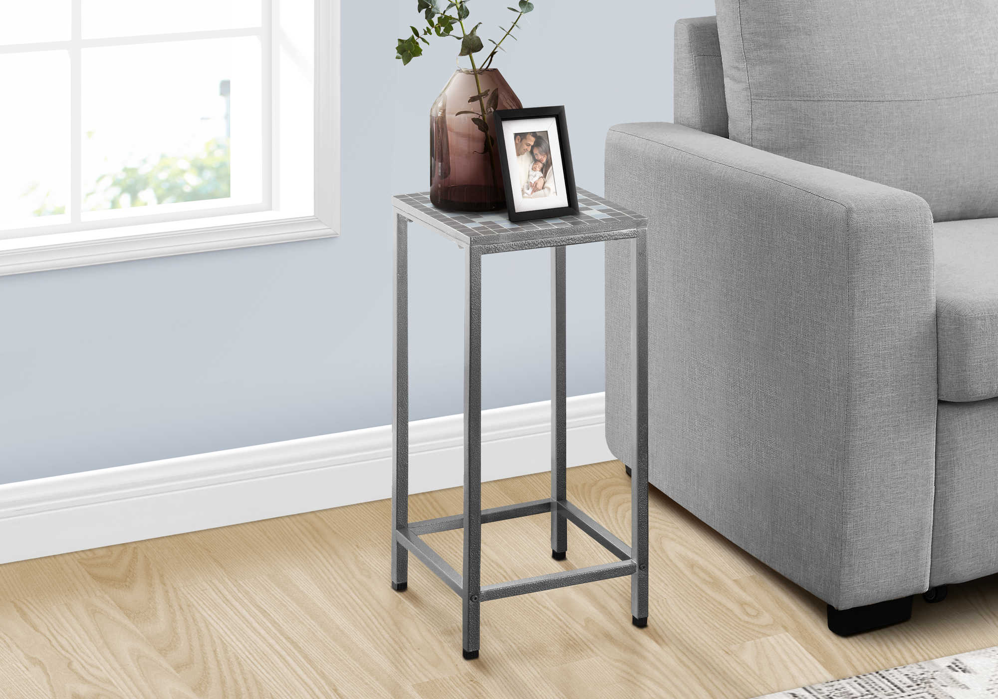 ACCENT TABLE - GREY / BLUE TILE TOP / HAMMERED SILVER