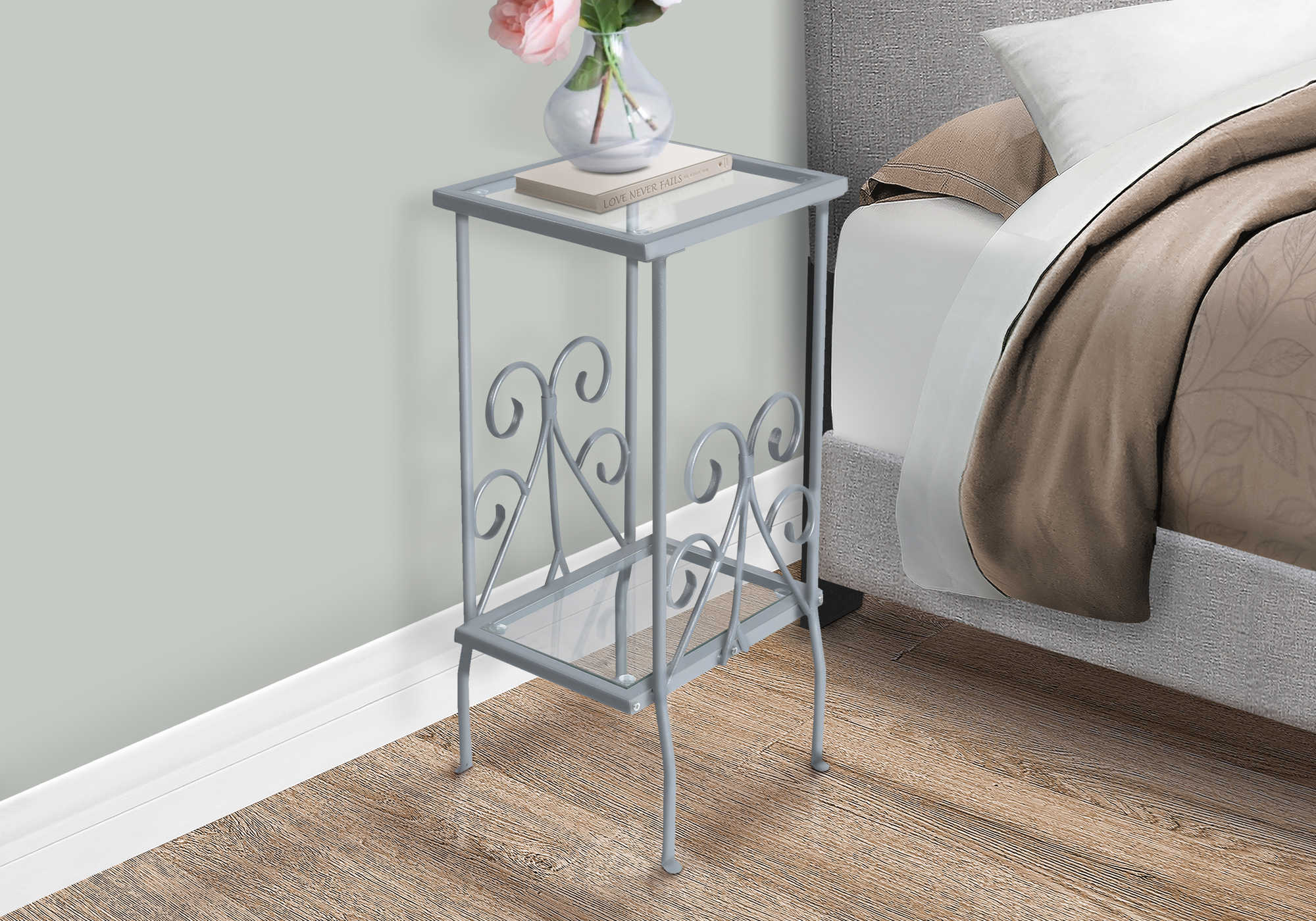 NIGHTSTAND - 30"H / SILVER METAL WITH TEMPERED GLASS