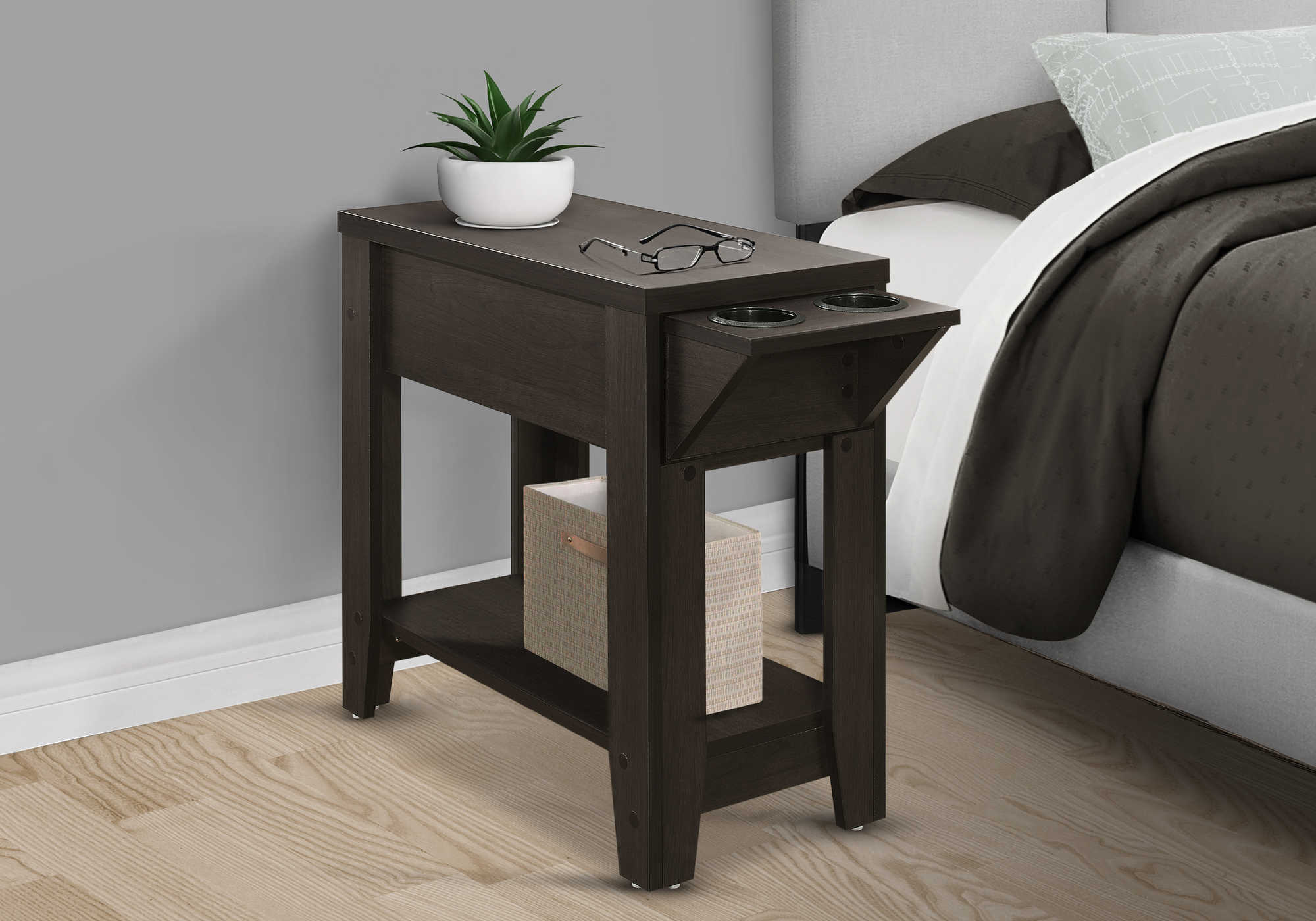 NIGHTSTAND - 23"H / ESPRESSO WITH A GLASS HOLDER