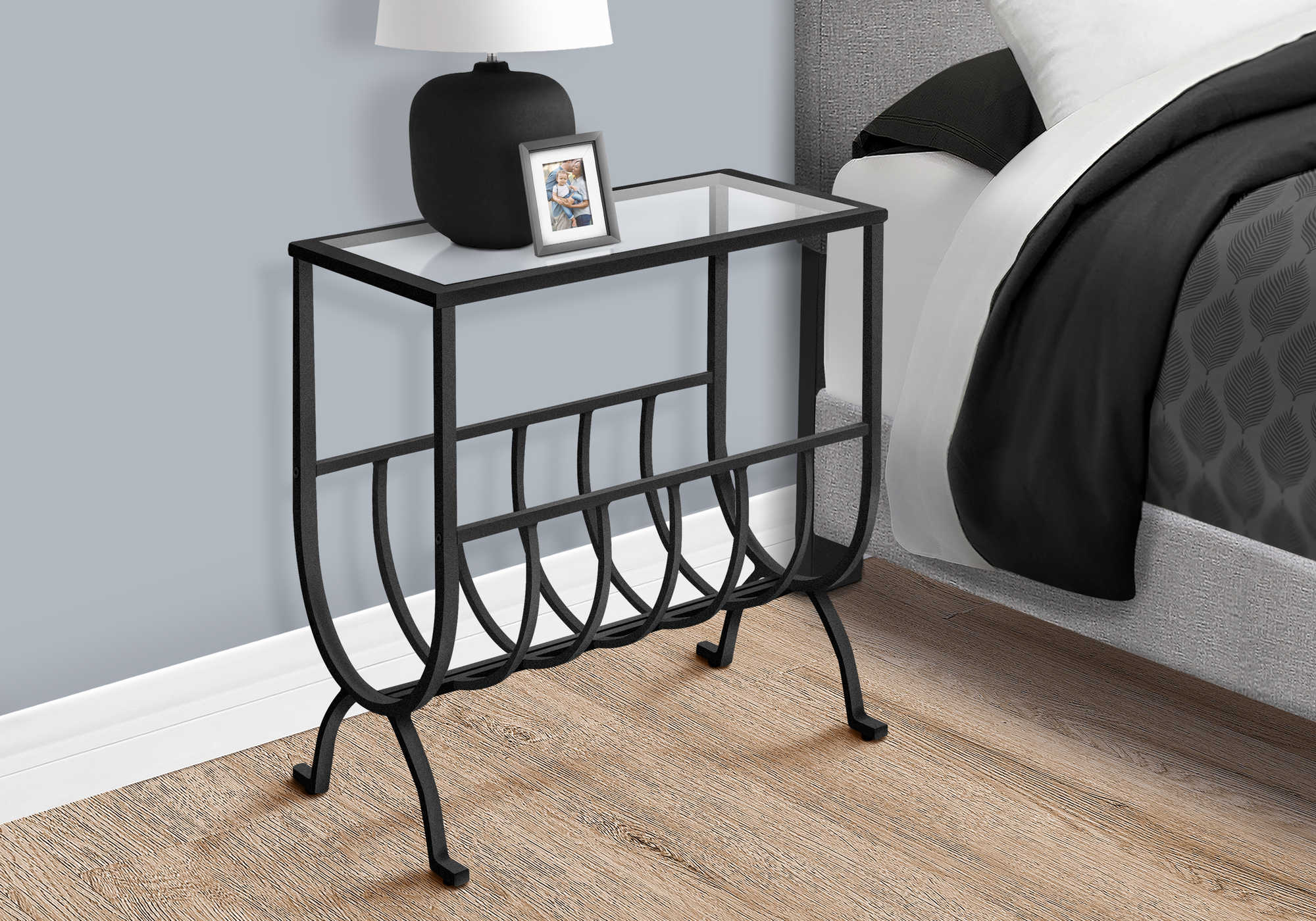 NIGHTSTAND - BLACK METAL WITH TEMPERED GLASS