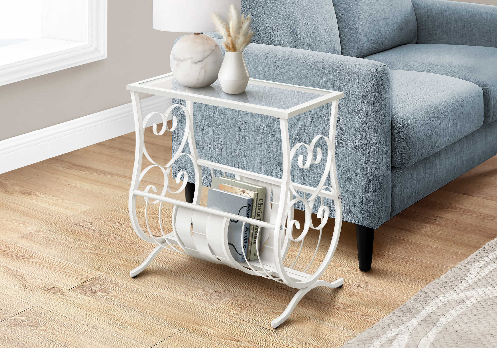 ACCENT TABLE - ANTIQUE WHITE METAL WITH TEMPERED GLASS
