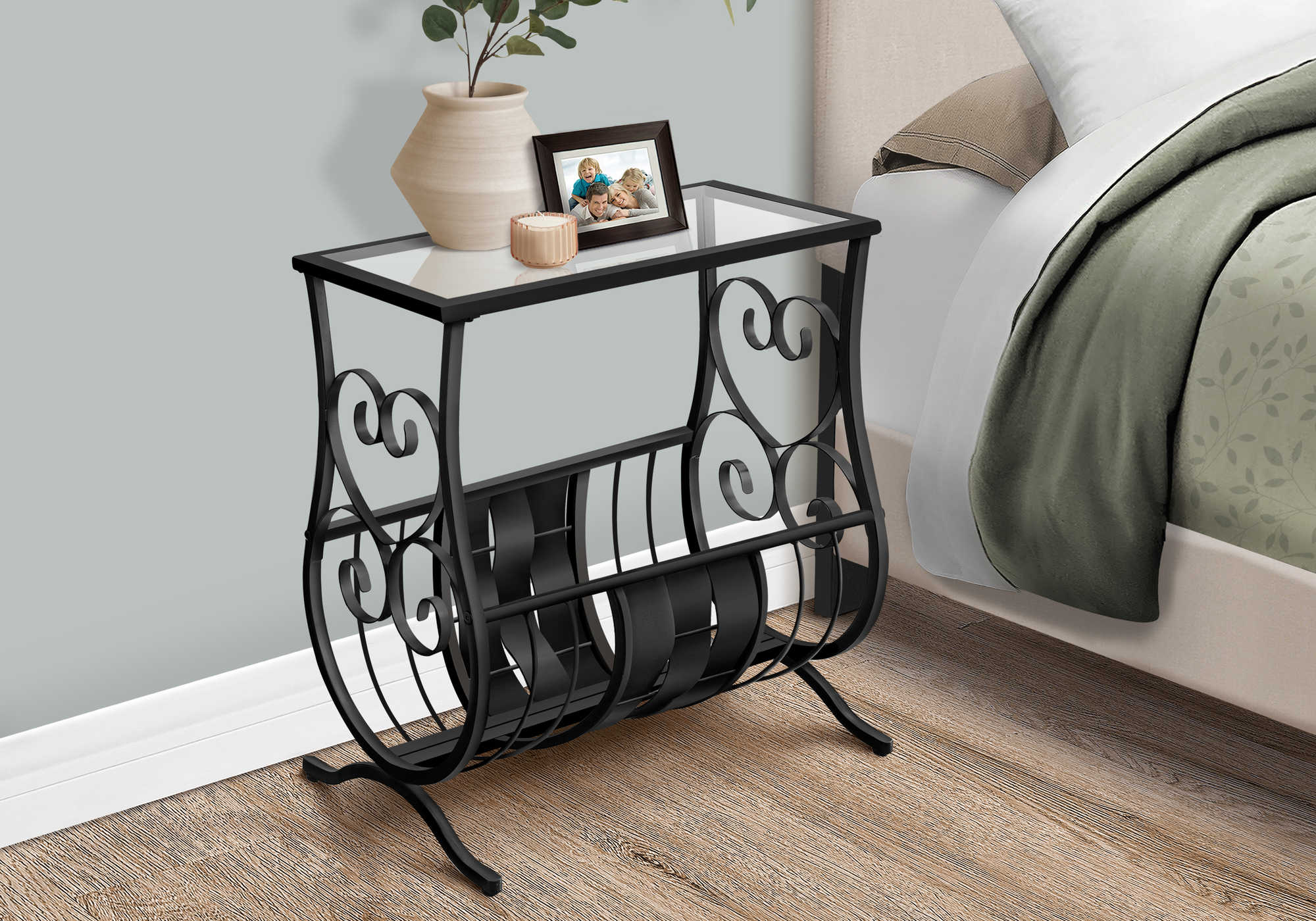 NIGHTSTAND - SATIN BLACK METAL  WITH TEMPERED GLASS