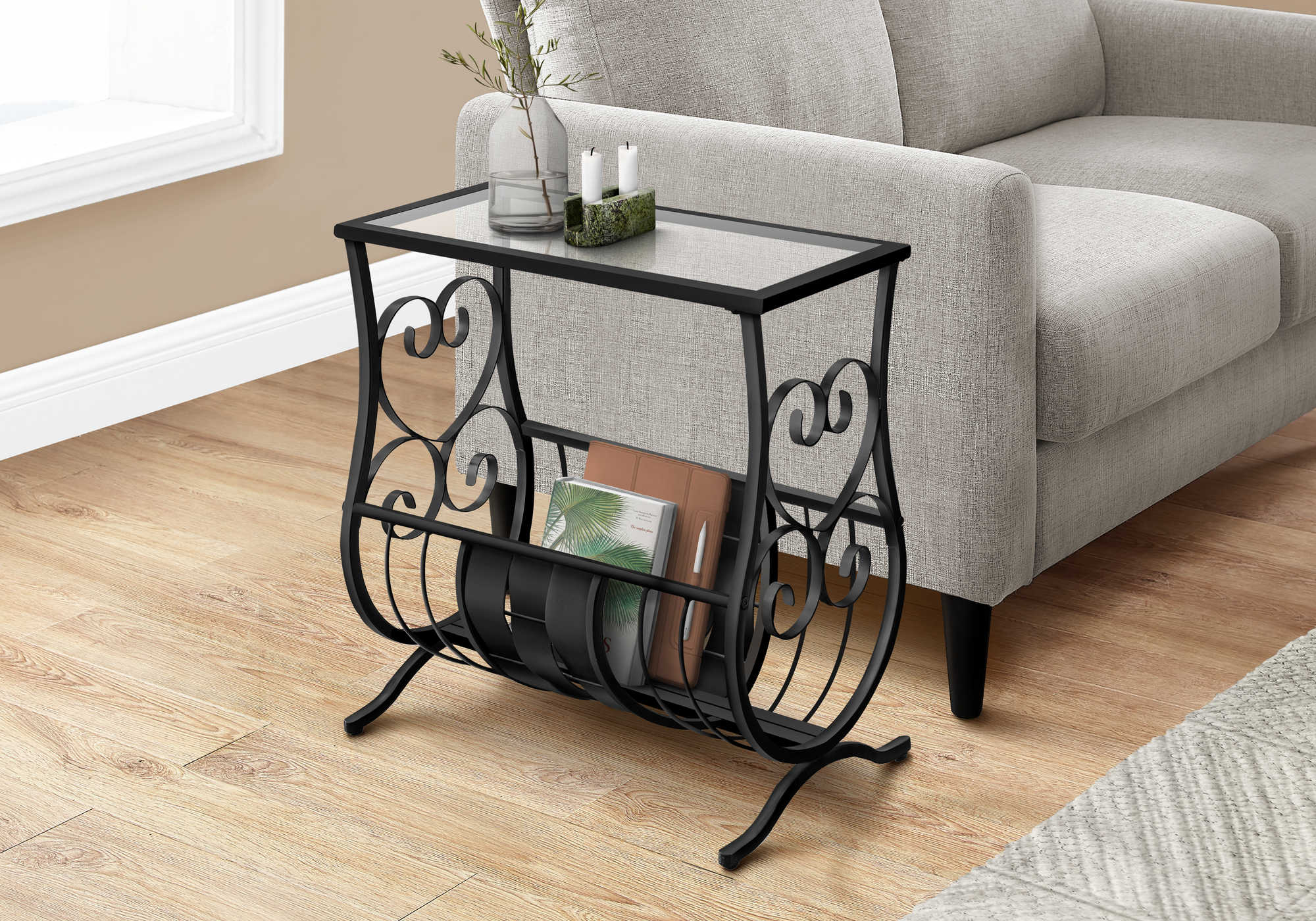ACCENT TABLE - SATIN BLACK METAL  WITH TEMPERED GLASS