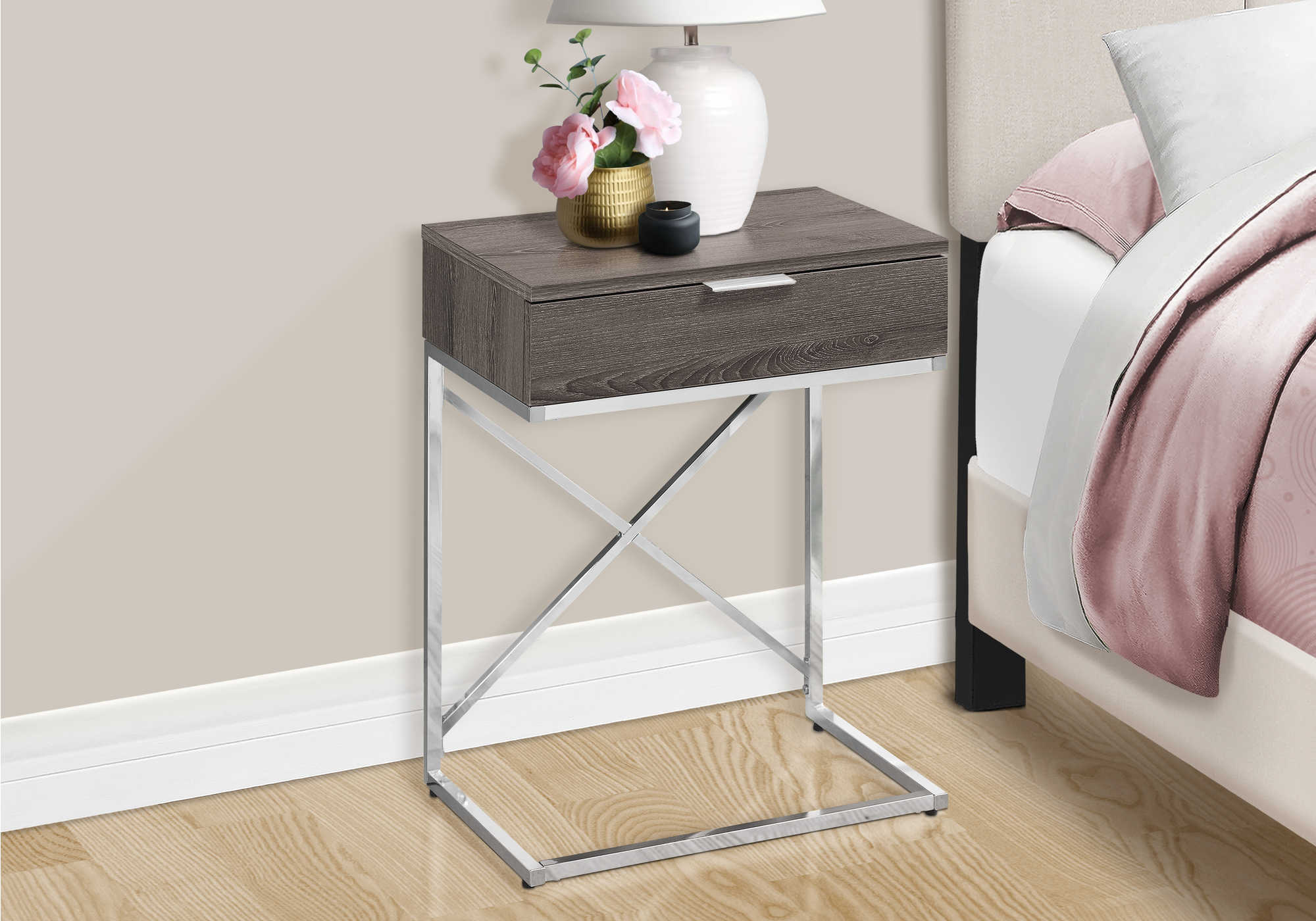 NIGHTSTAND - 24"H / DARK TAUPE / CHROME METAL 