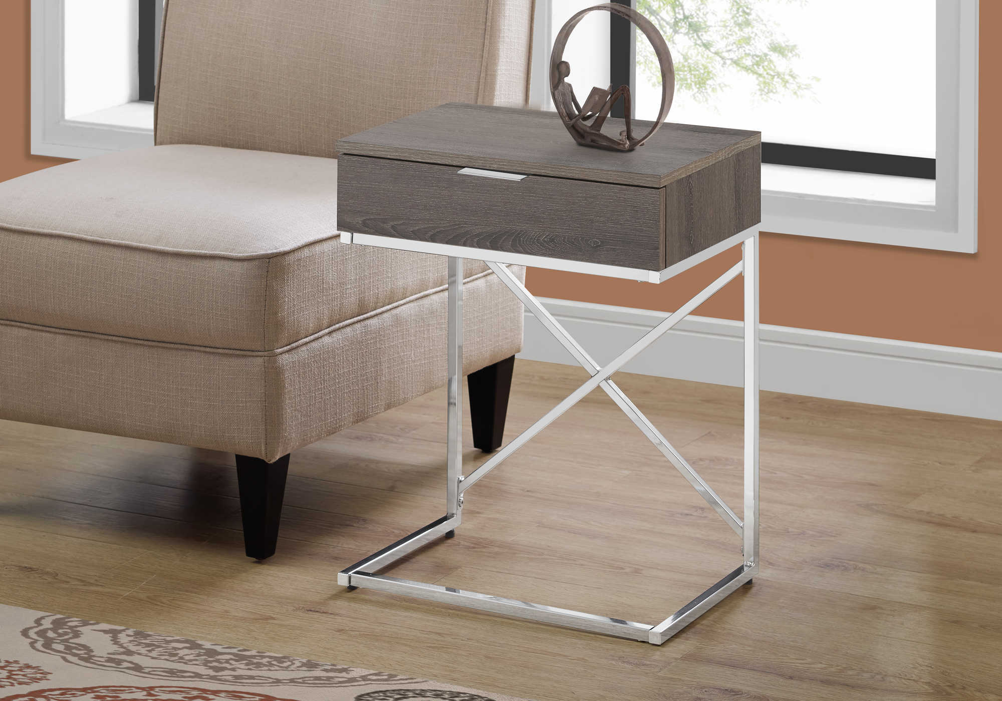 ACCENT TABLE - 24"H / DARK TAUPE / CHROME METAL 