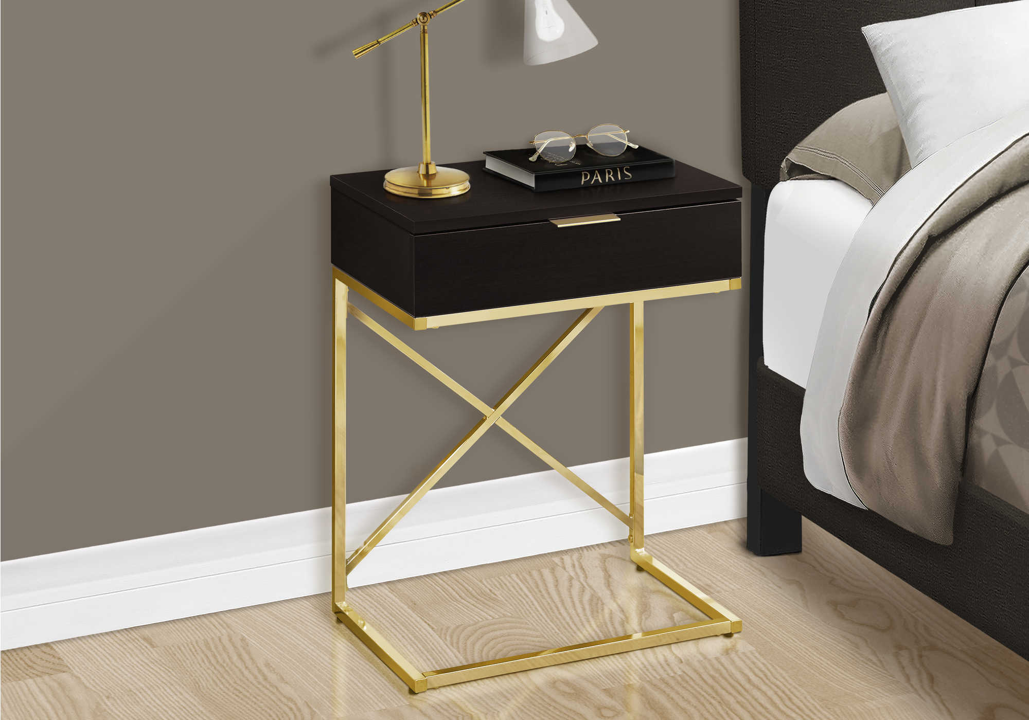 NIGHTSTAND - 24"H / ESPRESSO / GOLD METAL