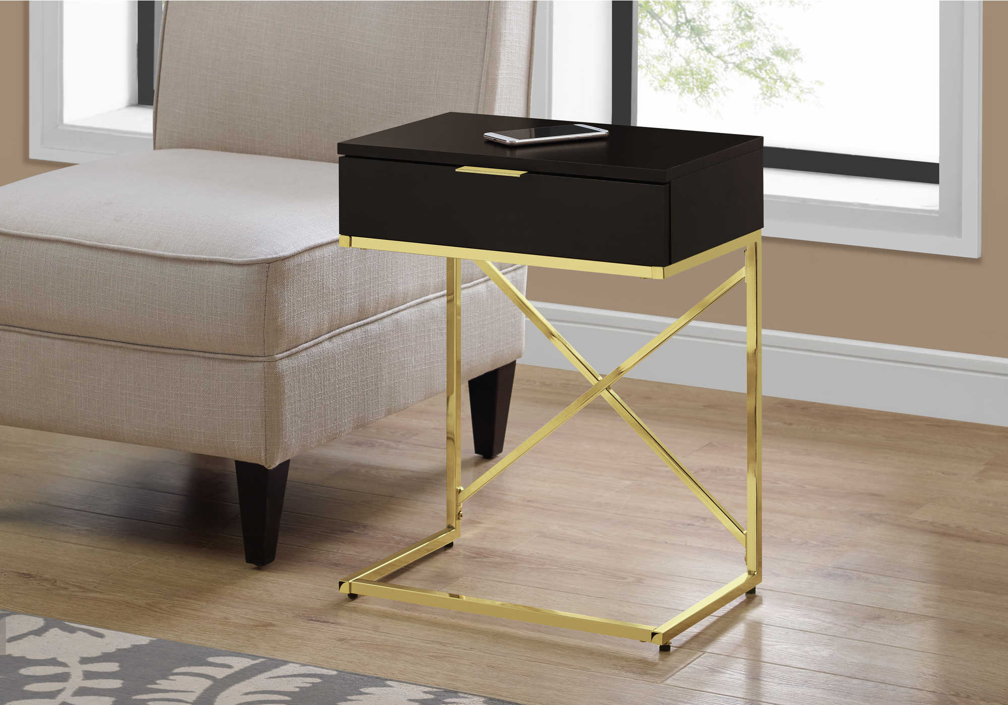 ACCENT TABLE - 24"H / ESPRESSO / GOLD METAL