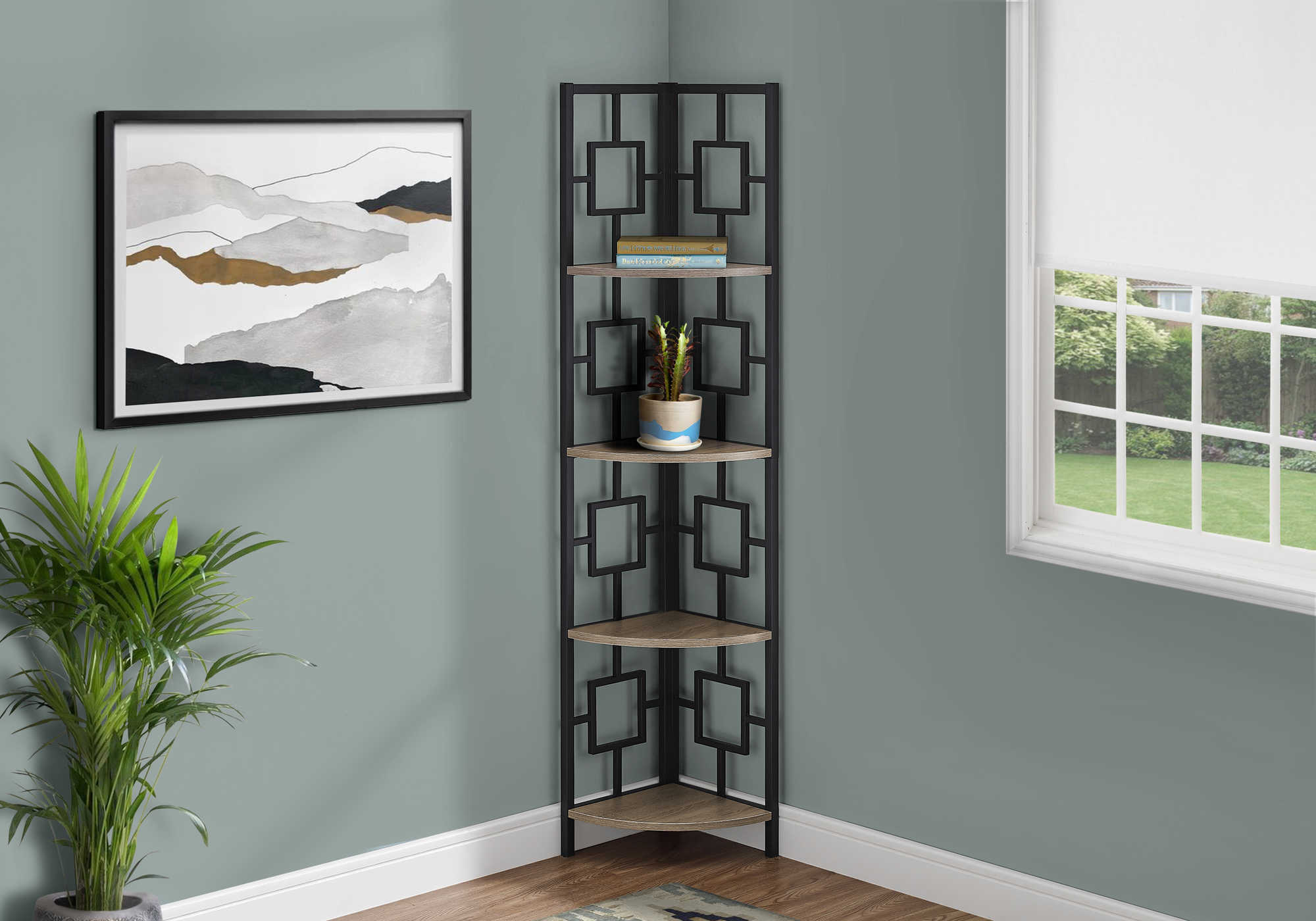 BOOKCASE - 62"H / DARK TAUPE / BLACK METAL CORNER ETAGERE