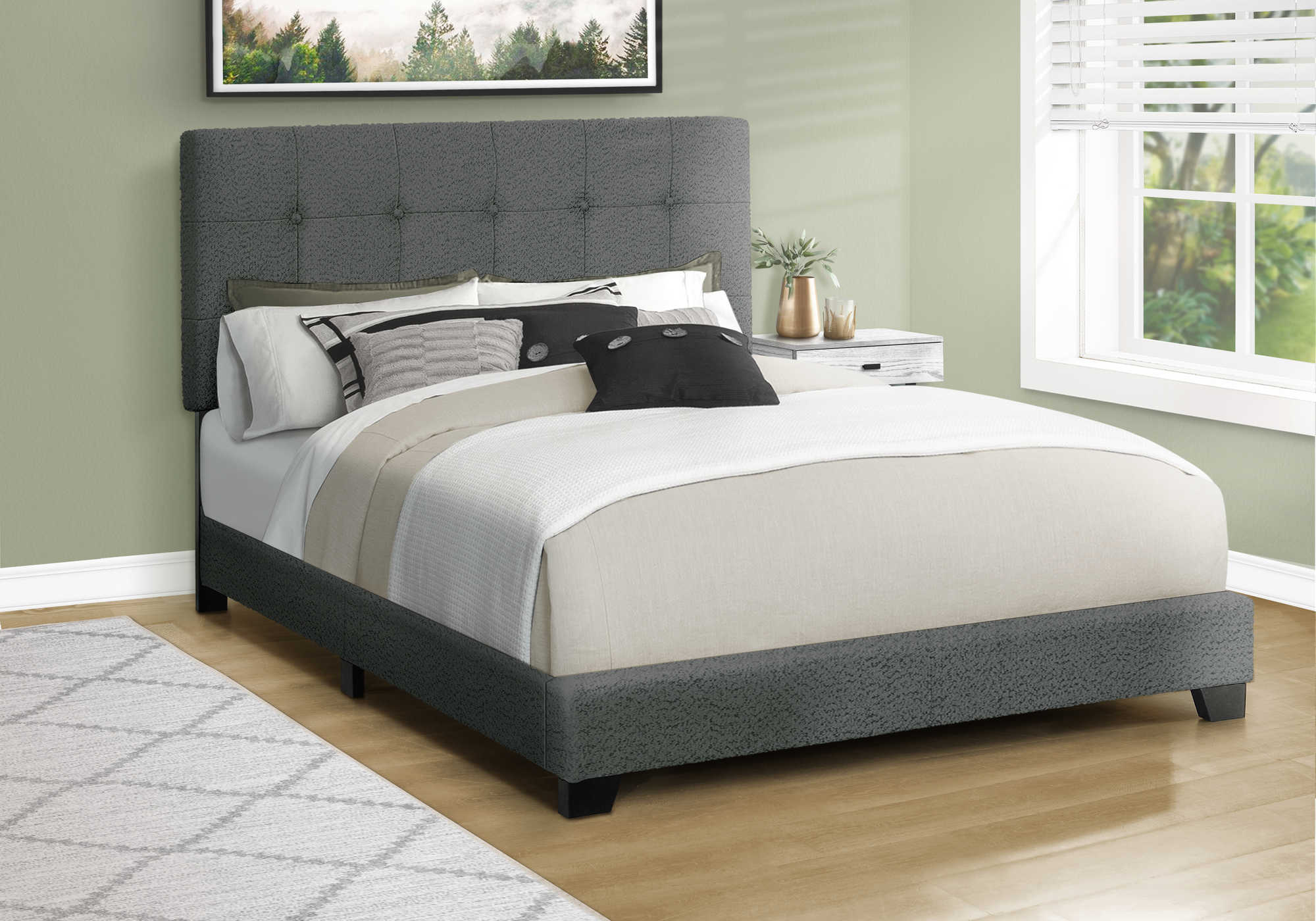 BED - QUEEN SIZE / DARK GREY BOUCLE FABRIC