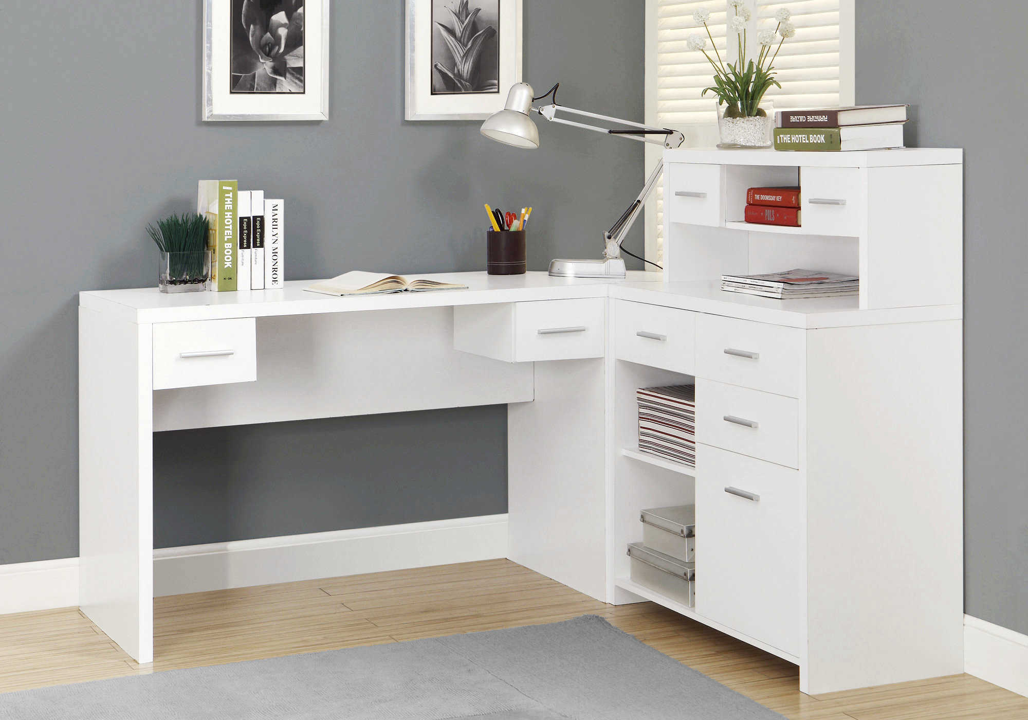 32 Gray Desk with Hutch & Drawers by Monarch –