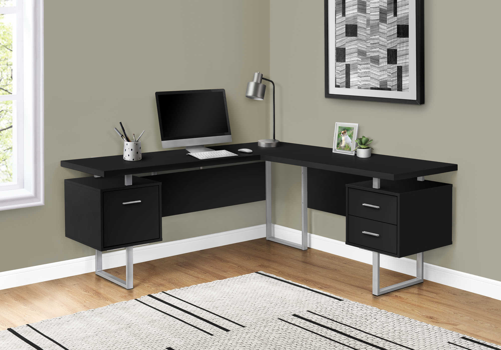 Black l shaped on sale desk with drawers