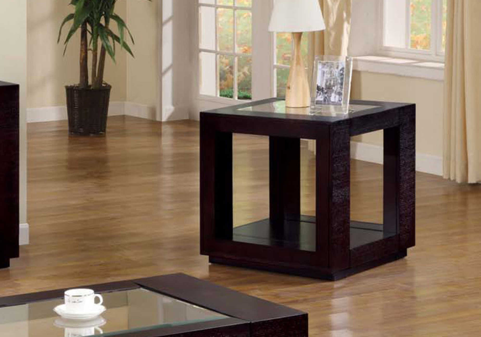 ACCENT TABLE - ESPRESSO VENEER WITH GLASS INSERT
