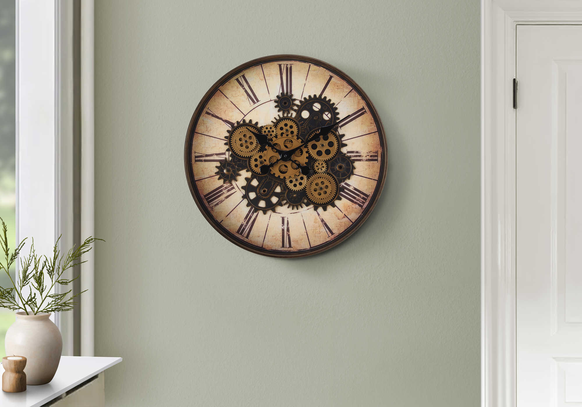 CLOCKS - 20"DIA / GEAR MECHANISM WALL CLOCK / BROWN