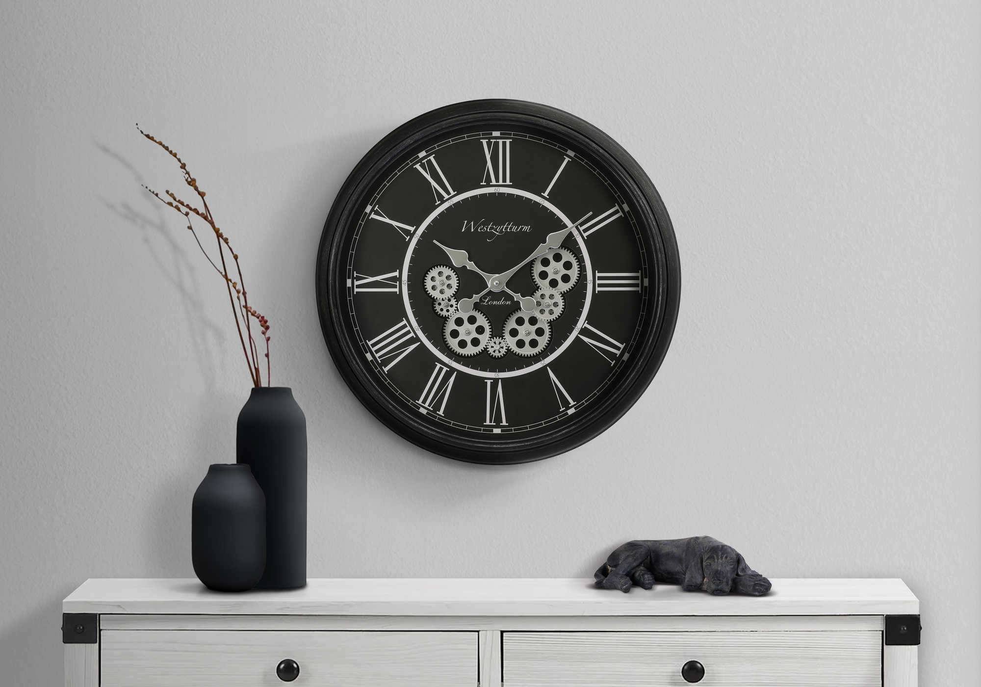 CLOCKS - 23"DIA / GEAR MECHANISM WALL CLOCK / BLACK